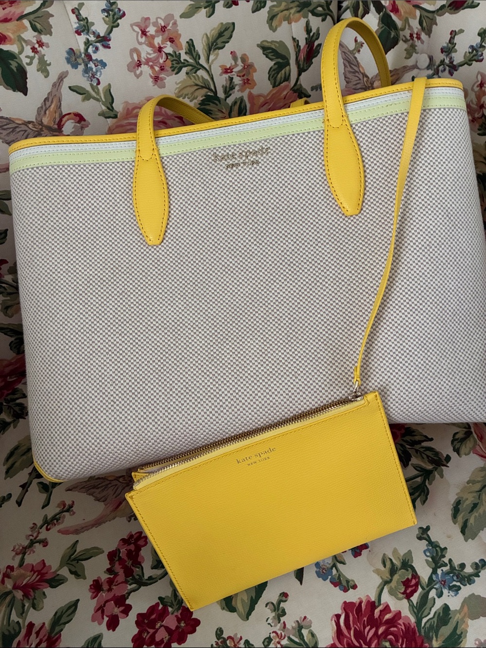 kate spade Cream Canvas Tote with Yellow Trim and Wristlet - Picture 8 of 11